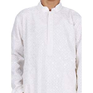 TRILOKI Kids <b>Kurta</b> Set for Boys White Rayon Indian Traditional Ethnic Wear Sequined Embroidery Pakistani Dress Style Made <b>Silk</b> - Product Image 5