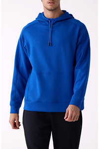 เสื้อสเวตเชิ้ตผู้ชายสีน้ำเงินมีฮู้ด ผ้าฟลีซ ทรงปกติ สีพื้น สวมใส่สบาย มีกระเป๋าหน้าและฮู้ดแบบมีเชือกผูก - Product Image 1