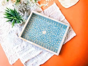 Plateau de service artisanal en os incrusté, motifs floraux complexes, écologique, pour une décoration luxueuse de la maison et de la cuisine - Product Image 4