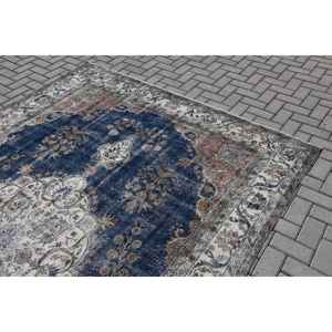 Tapis turc vintage surdimensionné 7,1x11,1 pieds, tapis en laine bleu et blanc à imprimé animal - Product Image 5