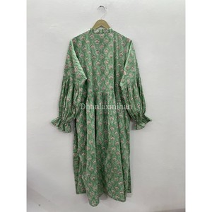 Bán Buôn Phụ Nữ Của 100% Bông Mùa Hè Ăn Mặc Handmade Khối In Ddiềm Vành Đai Và Nút Đứng Cổ Áo Giản Dị Đảng Mặc Ăn Mặc - Product Image 6