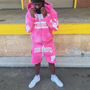 Veste personnalisée survêtement pour hommes ensemble de sweats à capuche avec fermeture éclair complète ensemble de shorts de sueur et de pulls patchs de broderie ensembles de patchwork pour hommes - Product Image 3