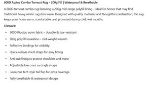 600D Alpine Combo Turnout Rug 200g Fill Imperméable et Respirant Fabriqué en Inde - Product Image 5