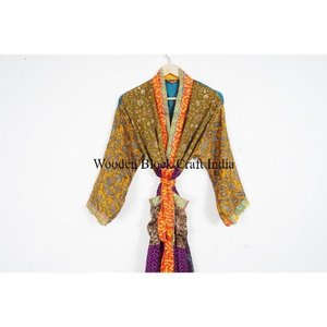 Kimono Largo de Seda con Estampado Floral Indio, Bata de Dormir, Ropa de Noche, Kimono de Seda Vintage, Ropa de Playa, Regalo para Mujer - Product Image 2