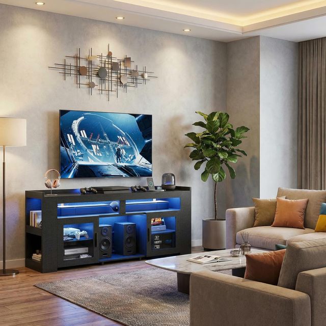 Custom Modern Black Wood TV Cabinet with LED Light and Glass Doors for Bedroom Hotel Living Room Entertainment Unit