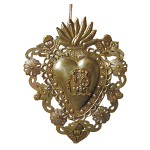 Coeur sacré en métal fini doré motif fleur Milagros Coeur sacré pour décoration murale Cadeau catholique et décoration - Product Image 1