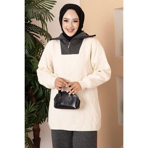 Ecru-Smoke Camiseta Tela Conjunto de 2 piezas Long Boy Truck Collar Cremallera Detallada Prendas de punto - Product Image 1