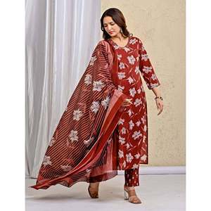 Maroon <b>Block</b> <b>Printed</b> Anarkali Kurta Pant Set Mulmul Dupatta Indian Ethnic Style Cotton Clothing for Party Wear Made Net Fabric - Product Image 3