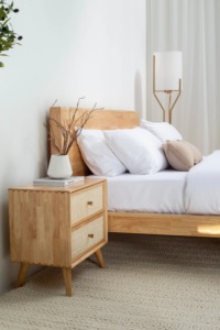 Mesita de noche minimalista moderna de ratán con 2 cajones, mesita de noche de madera de mango macizo para el hogar, dormitorio, muebles, función de almacenamiento - Product Image 3