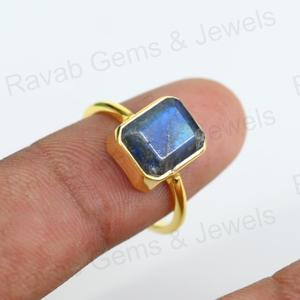 Belle bague de bijoux fins en argent 925 faite à la main pour femmes 8x10mm forme octogonale pierre de Labradorite naturelle or Vermeil - Product Image 2