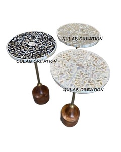 Handcrafted Modern Mother of Pearl Inlay Round Coffee <b>Table</b> Solid Wooden Base Luxury Artisan Accent <b>Table</b> Living Room Home Decor - Product Image 1