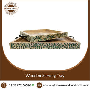 Lot de 2 plateaux de service en bois de manguier avec poignées en métal Plateaux en bois sculpté Home Restaurants Plateaux décoratifs en bois Service de nourriture - Product Image 6