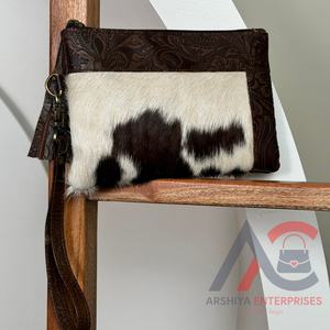 Cartera de mano de cuero de vaca en relieve floral hecha a mano de calidad superior OEM - Product Image 1