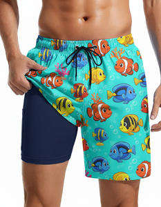Shorts de bain pour hommes à séchage rapide, imprimé floral, taille élastique, doublure de compression, tissu tissé, antibactérien, imperméable - Product Image 2
