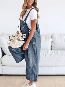 Tuta in Denim oversize da <span class=keywords><strong>donna</strong></span> 2025 pantaloni larghi larghi Casual Vintage con bretelle estive con bretelle <span class=keywords><strong>Jeans</strong></span> con tecniche sciolte - Product Image 3