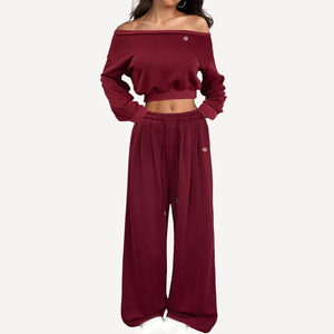 Conjunto de Sudadera Corta con Hombros Descubiertos y Pantalones Anchos de Felpa de Algodón para Mujer, Chándal Informal, Proveedor Mayorista OEM - Product Image 1