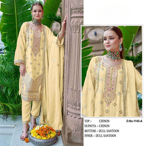 Style pakistanais traditionnel semi-cousu Salwar Kameez lourd Chinon broderie véritable miroir travail pour les occasions de mariage Zarkan - Product Image 5