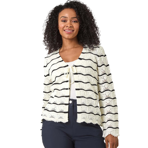 Women's Elegant Lightweight Open Front <b>Cardigan</b> White Stripe Stitch Knit <b>Button</b> Custom Wholesale Breathable Fiber Casual Winter - Product Image 2