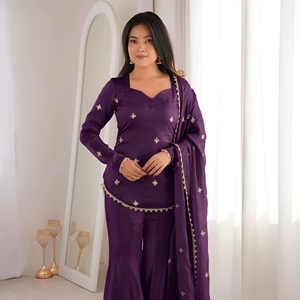 Fandy Silk Embroidery Sequence Work Ready To Wear <b>Top</b> With Fully Stitched Sharara Plazzo And Embroidery Sequence Work Dupatta - Product Image 1