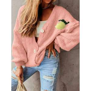 Cardigan en tricot pour femme, décontracté, couleur abricot, col en V côtelé, boutonné devant, manches longues, 100% polyester - Product Image 5