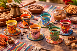 Durable Porcelain Set of 6 Espresso Coffee Cups 9 cl (3 oz) Aboriginal by Excelsa Colorful Australian Decoration Indigenous Art - Product Image 2