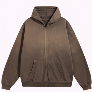 เสื้อฮู้ดซิปโอเวอร์ไซส์คุณภาพสูง |   เสื้อผ้าสตรีทแวร์ผ้าฝ้ายฟลีซ 100% |   ย้อมสีแบบแอซิดวอช ซีดจางแบบโดนแดด ทำให้ดูเก่าแบบดิสเทรส |   เสื้อฮู้ดดี้วินเทจสีพื้น - Product Image 1