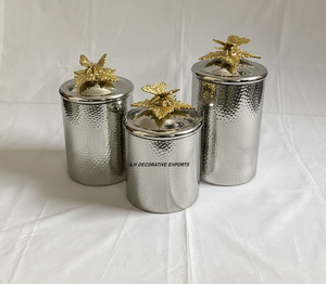 Boîte à thé de luxe en argent martelé, faite à la main, en acier inoxydable, avec couvercle papillon doré, écologique, pour la maison et la cuisine - Product Image 6