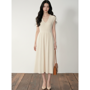 Robe midi décontractée simple en nylon à manches courtes en tricot côtelé à col rond pour femmes, coupe ajustée, respirante et confortable, vente en gros - Product Image 1