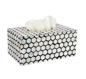 Hexagon Shape Inlay White <b>Mother</b> of Pearl Napkin Holder and Tissue Box Table Top Decorative Accessory - Product Image 1
