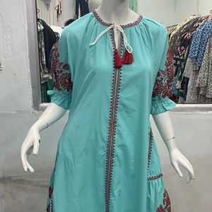 2021 bohemio negro ucraniano bordado Maxi vestido de algodón arrugado Top cuello en V cinturón 100% algodón cintura Natural manga corta - Product Image 1