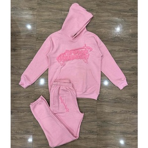 ชุดวอร์มลำลอง2ชิ้นสำหรับผู้หญิงชุดวอร์มผ้าฝ้าย100% สีชมพูพิมพ์ลายพัฟผ้าฟลีซ - Product Image 1