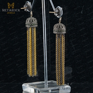 Yellow Vermeil Oxidized 925 Silver Pave Diamond Designer Push <b>Back</b> Handmade Tassel Chain <b>Earrings</b> Jewelry Wholesale - Product Image 6