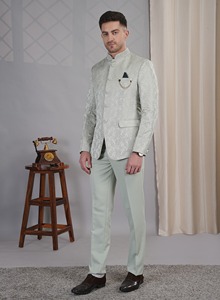 La <b>Scoot</b> Men's 2-Piece Designer Silk Party Suit Comfortable Breathable with Ban Collar Embroidery Regular Fit Long Length - Product Image 4
