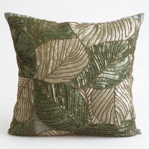 Coussin carré moderne en tissu tricoté style bohème avec broderie feuille d'émeraude, lavable pour canapé et maison - Product Image 1