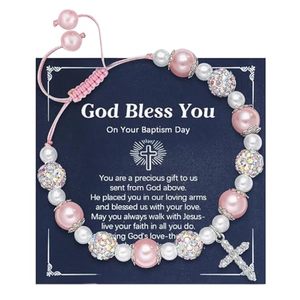 Regali per Prima Comunione e Battesimo per Ragazze - Braccialetti Religiosi in Lega con Perle Imitate (Dio Ti Benedica) per Figlia/Sorella Cattolica - Product Image 1