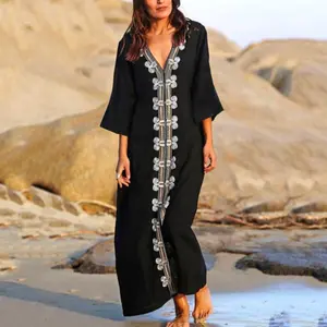 Comfy Black Rayon Embroidered Short Sleeve Kaftan Dress Women Beach Dress