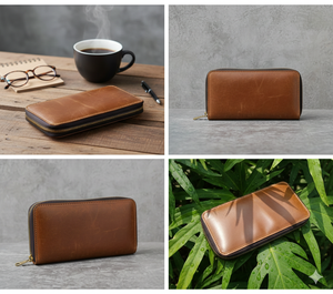 Portefeuille long en cuir pour homme avec fermeture éclair, fabrication sur mesure, en cuir de cheval Crazy Horse, blocage RFID, porte-cartes multiples - Product Image 6