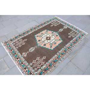 Vintage Accent Rug, 4x5.8 ft Turkish Rug, <b>Brown</b> Moroccan <b>Wool</b> Rug - Product Image 3