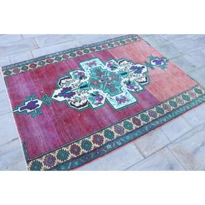 4.7x6.3 ft Rug, Turkish Vintage Rug, <b>Red</b> Blue Southwestern <b>Wool</b> Rug - Product Image 3