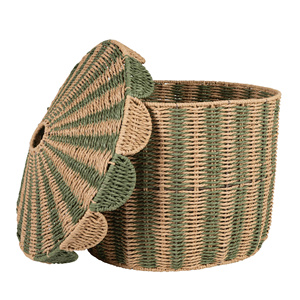 Cesta de papel de almacenamiento natural con patrón verde Organizador decorativo hecho a mano - Product Image 4