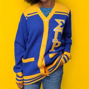 Maglione Sigma Gamma Rho SGRho Cardigan Royal Blue maglia con maniche a lettere greche Patch ricamata confraternita greca vita - Product Image 1