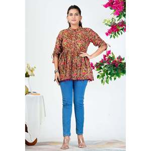 Blusa Peplum de Popelina Bordada con Flores Color Granate para Mujer, con Mangas 3/4, Talla Única, para Uso Casual y Festivo - Product Image 3