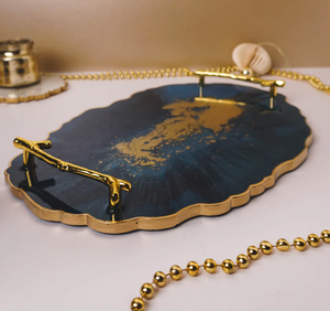 Vente en Gros Plateau en Résine Meilleur Prix Rond Gris et Blanc Plateau de Service en Résine Plateau à Poignée en Laiton Unique - Product Image 6