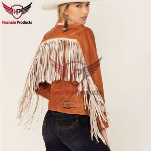 Womens Real Cognac Brown Leather <b>Jacket</b> White <b>Fringe</b> Sleeve Tassels Sheepskin Contrast Trim Western Biker Coat Custom Outerwear - Product Image 2
