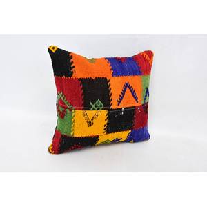 Oreiller patchwork Kantha en laine multicolore 18x18 pouces Oreiller 16x16 brodé avec imprimé vintage - Product Image 3