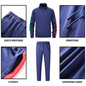 Tenues de sport 2 pièces décontractées à motif uni pour hommes, veste à fermeture éclair complète à manches longues, pantalons de survêtement décontractés pour l'hiver, grande taille - Product Image 3
