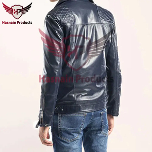 Chaqueta de Cuero Azul Auténtico para Hombre, con Cierre Asimétrico, Hombros Acolchados, Estilo Motero, Personalizada en Azul Marino Oscuro, Ropa de Invierno - Product Image 5