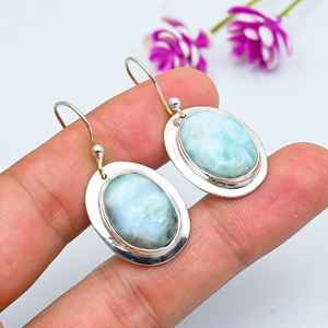 Boucles d'oreilles uniques en larimar, argent sterling 925, forme ovale, pendantes, pierres précieuses, bijoux en larimar, cadeau de Thanksgiving - Product Image 5