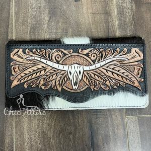Cartera plegable Longhorn de piel de vaca mecanizada a mano al por mayor a la moda, monedero de mano de gran capacidad con diseño Floral de calavera de toro - Product Image 1
