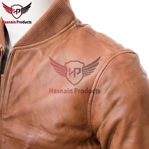 Blouson aviateur en cuir véritable pour homme, couleur tan, col en tricot côtelé classique, fermeture éclair, coupe ajustée, style vintage. - Product Image 3